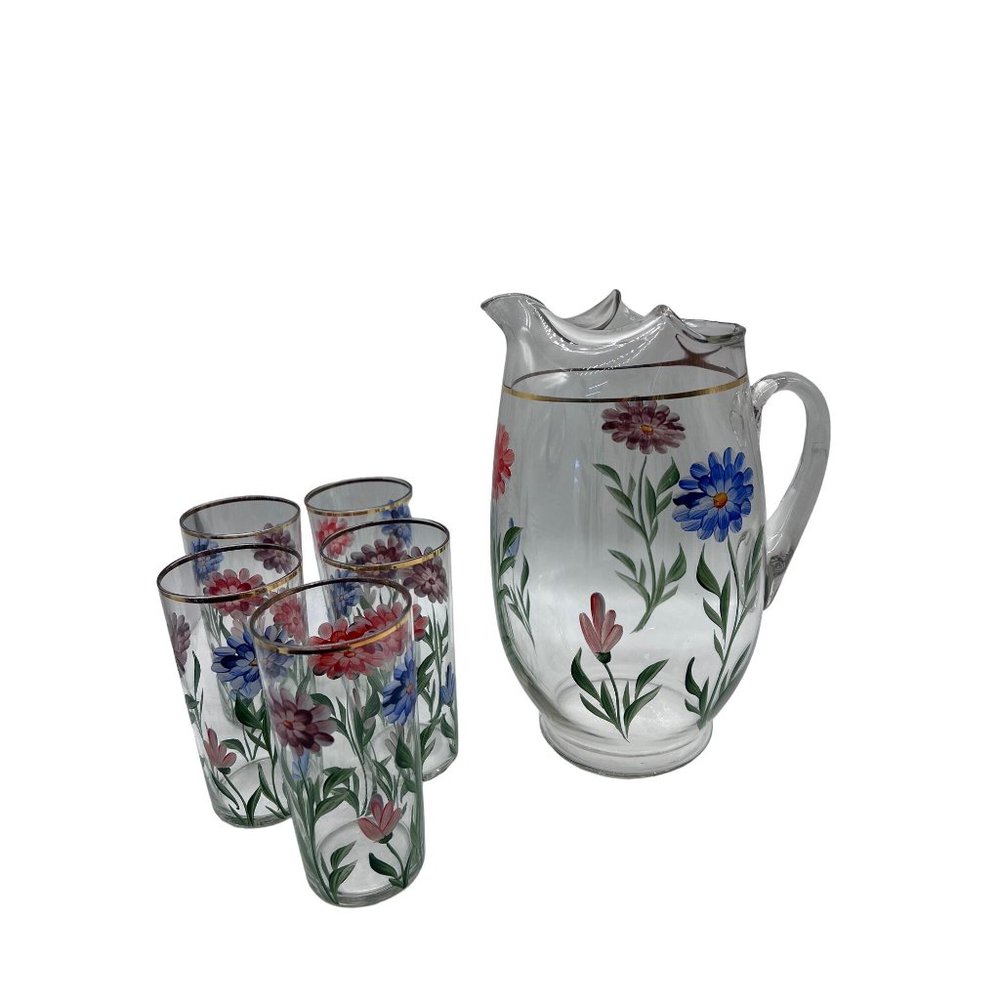 Glass Pitcher with 5 Glasses hand painted floral pattern